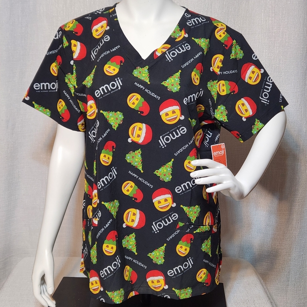 Emoji New W Tag Holiday Scrubs Top Christmas Trees Happy Holidays XL Xtra Large